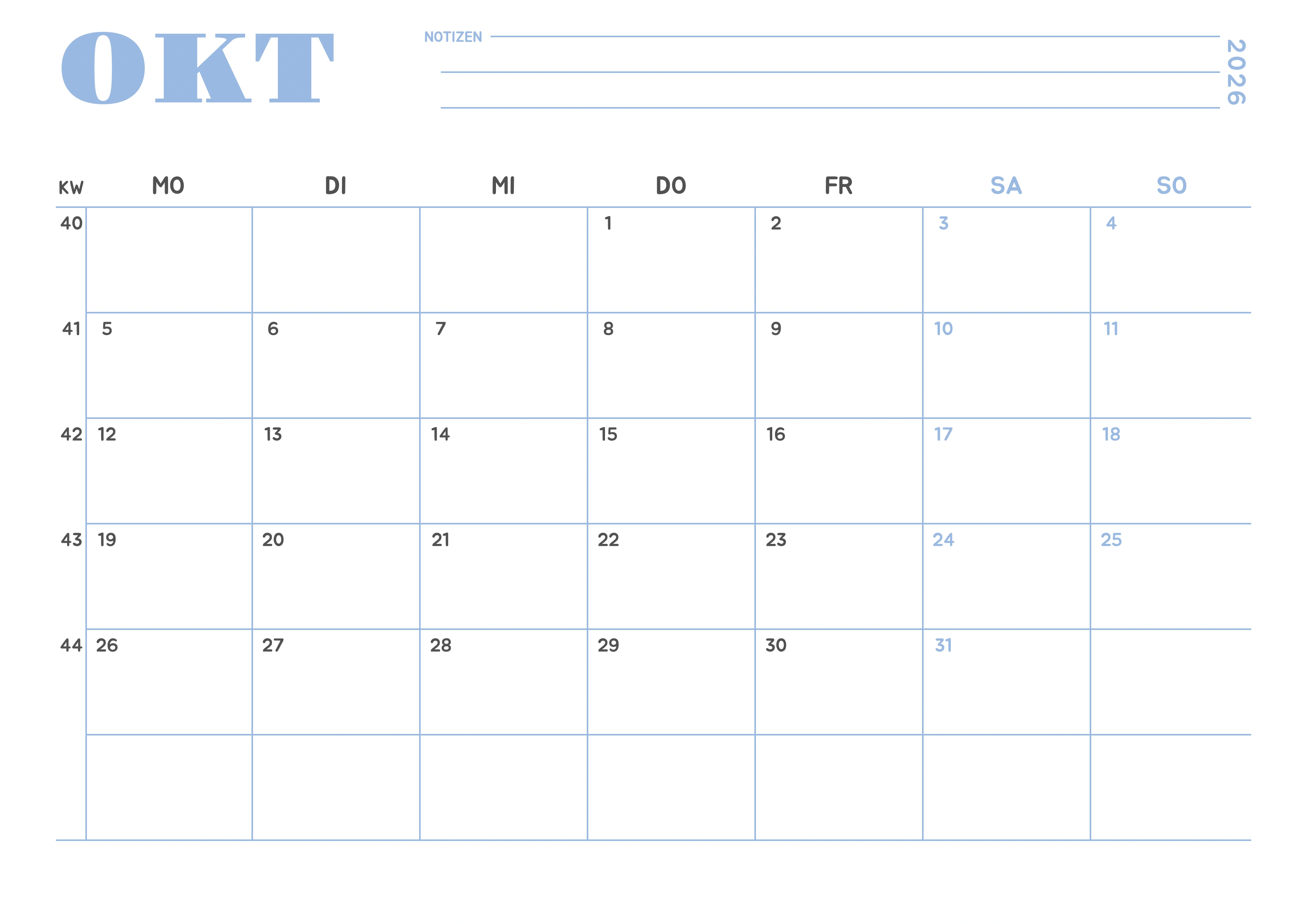 Oktober Kalender 2026 Minimalistisch Himmelblau