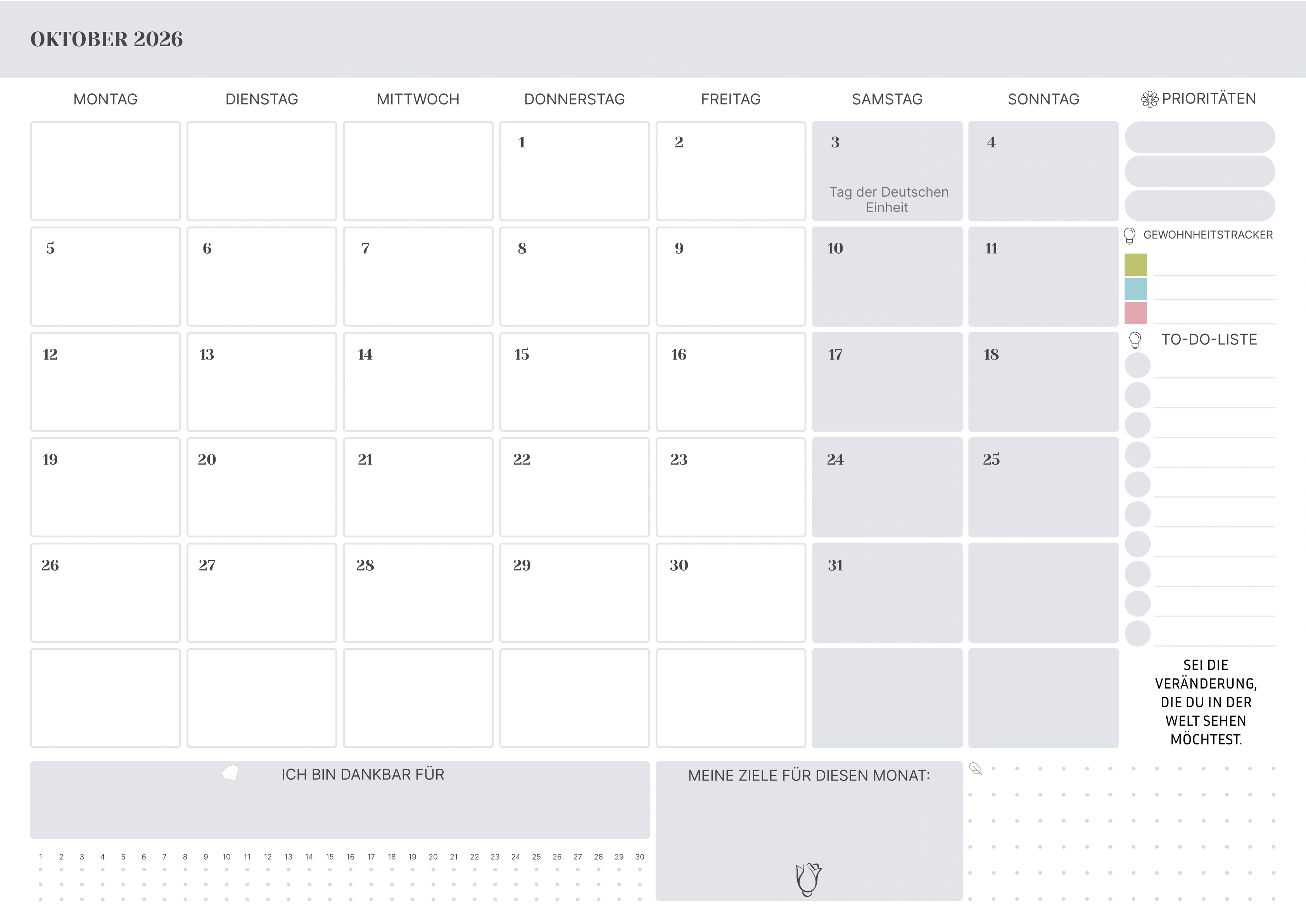 Oktober Kalender 2026 mit Feiertagen