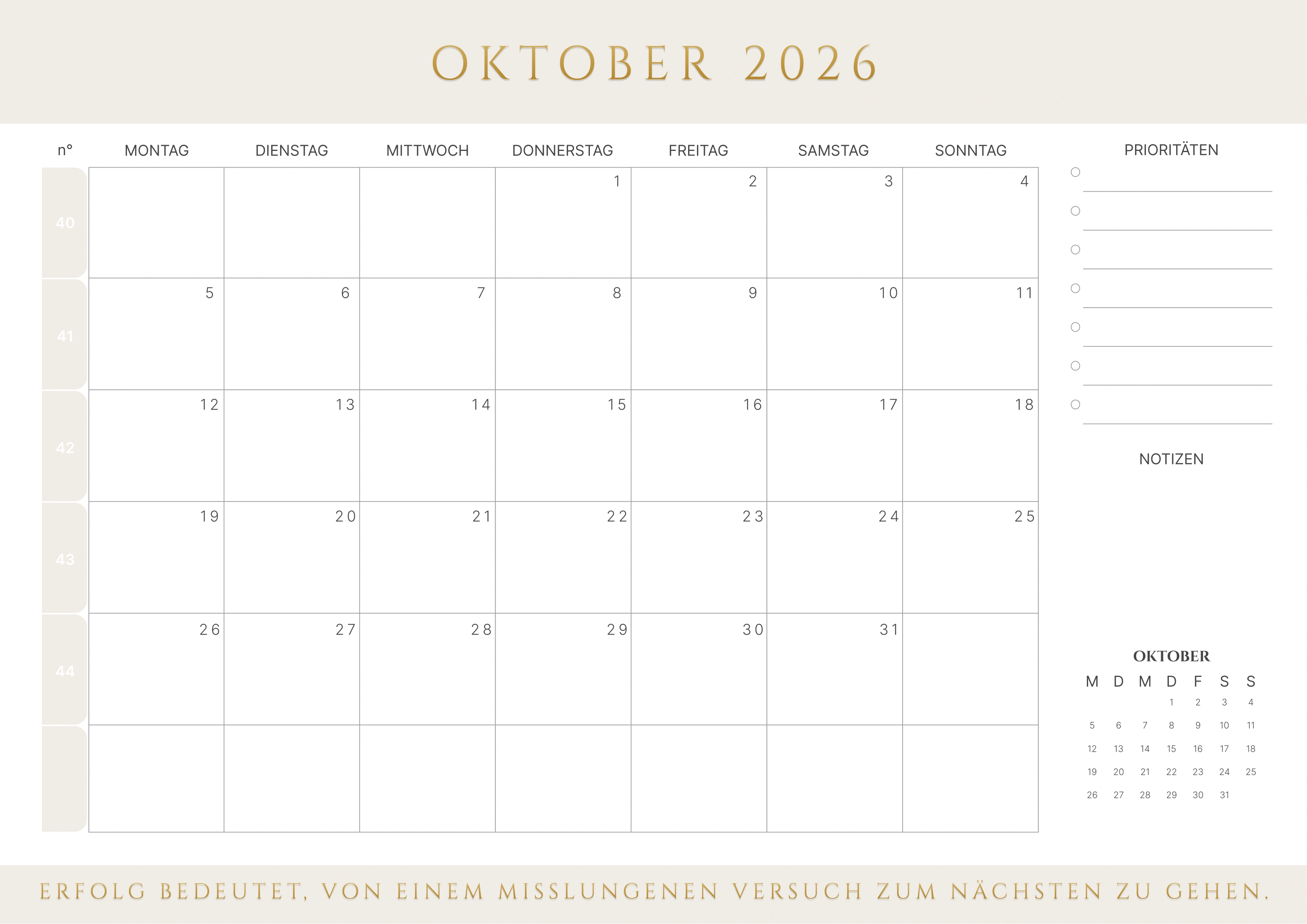 Oktober Kalender 2026 mit Kalenderwochen