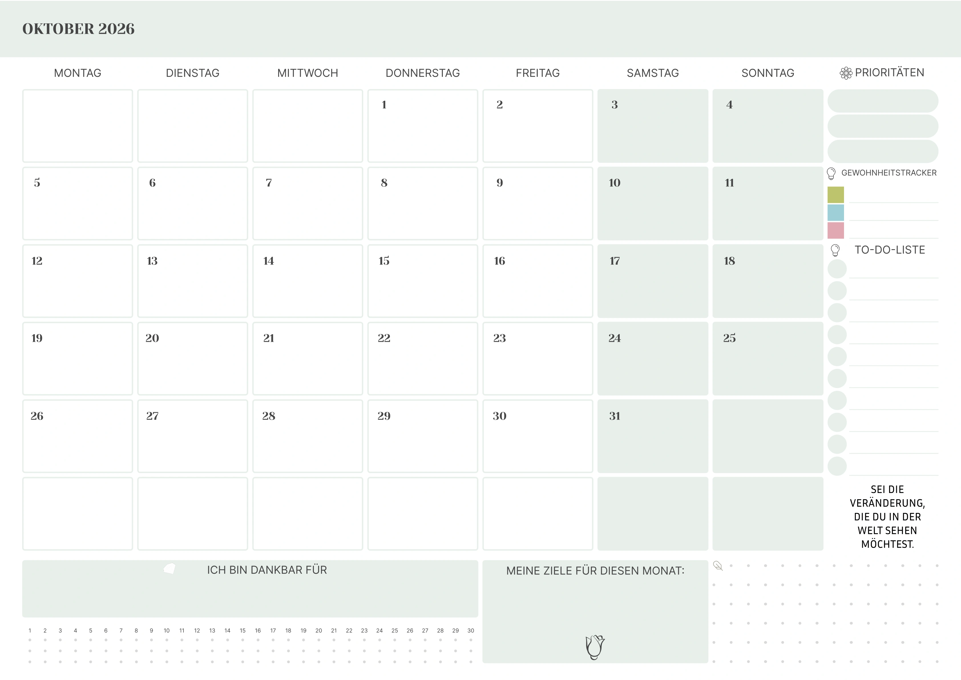 Oktober Kalender 2026 mit Prioritäten