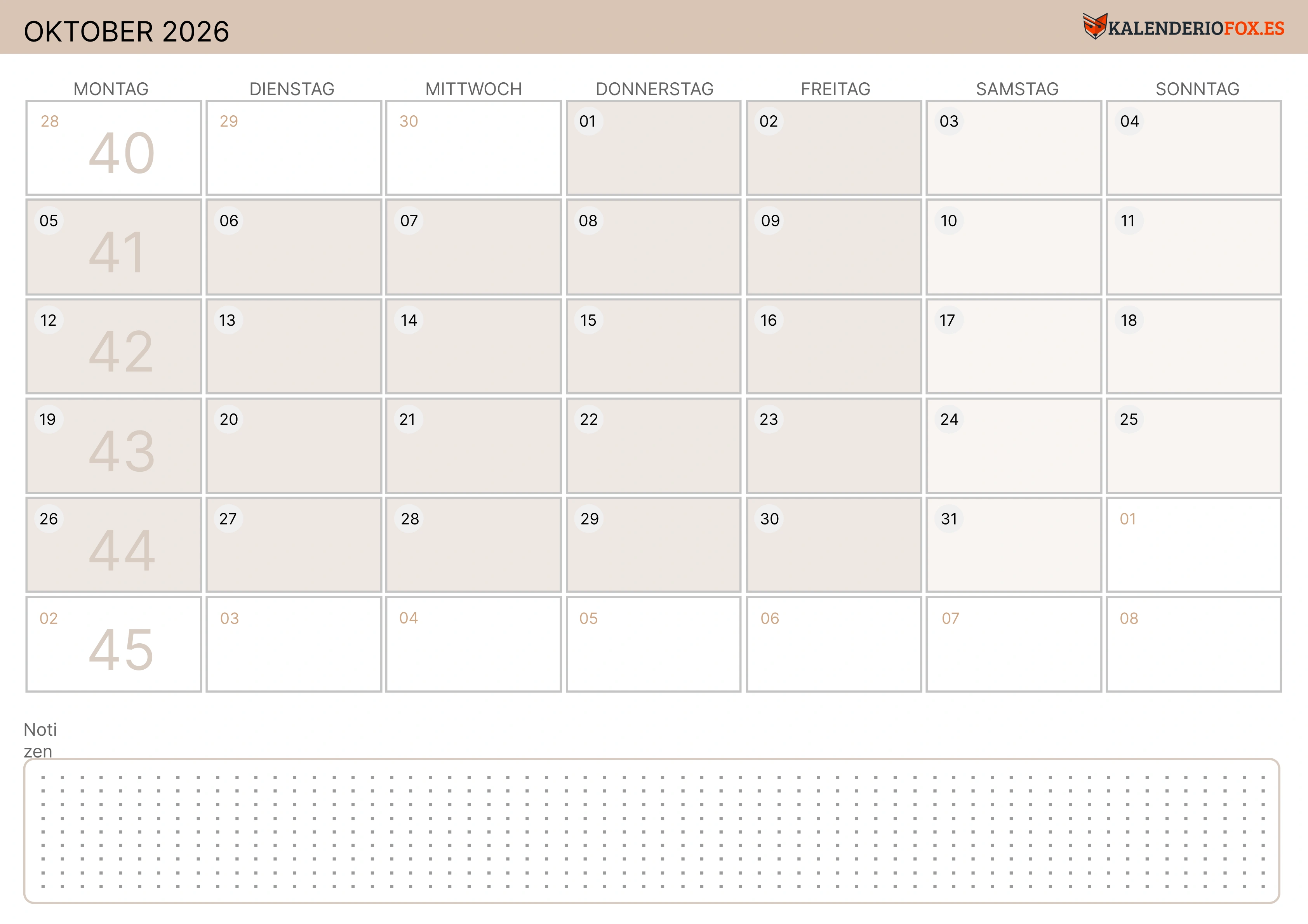 Oktober Kalender 2026 Zartes Gelb