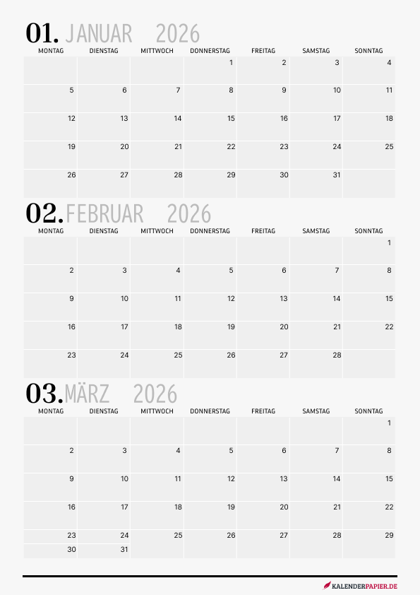 Quartalskalender 2026 Q1 Minimalistisch