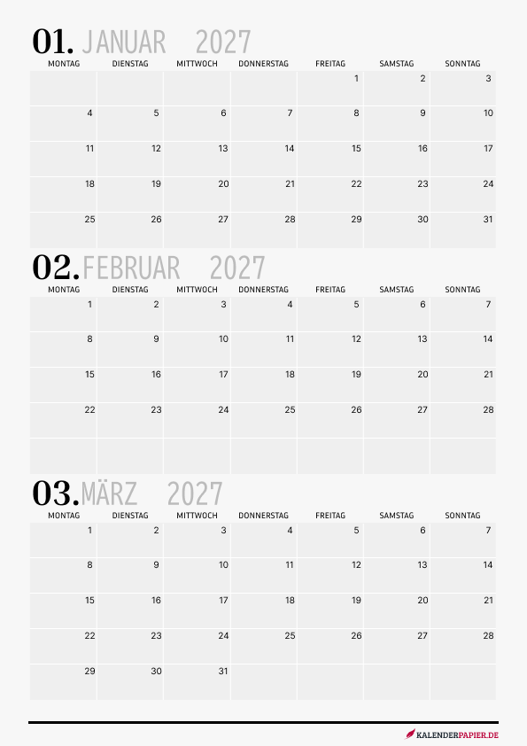 Quartalskalender 2027 Q1 Minimalistisch