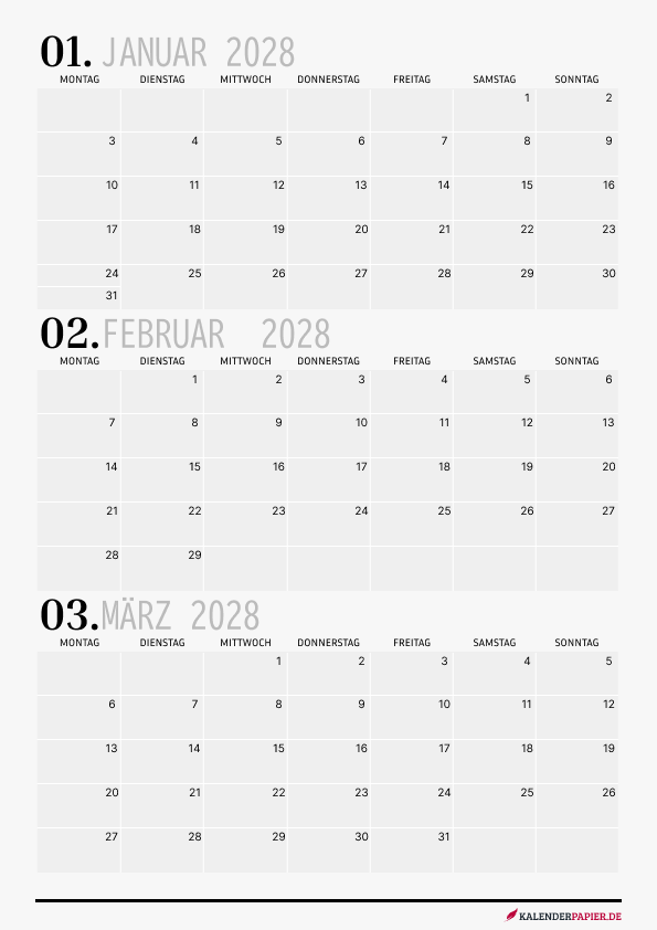 Quartalskalender 2028 Q1 Minimalistisch
