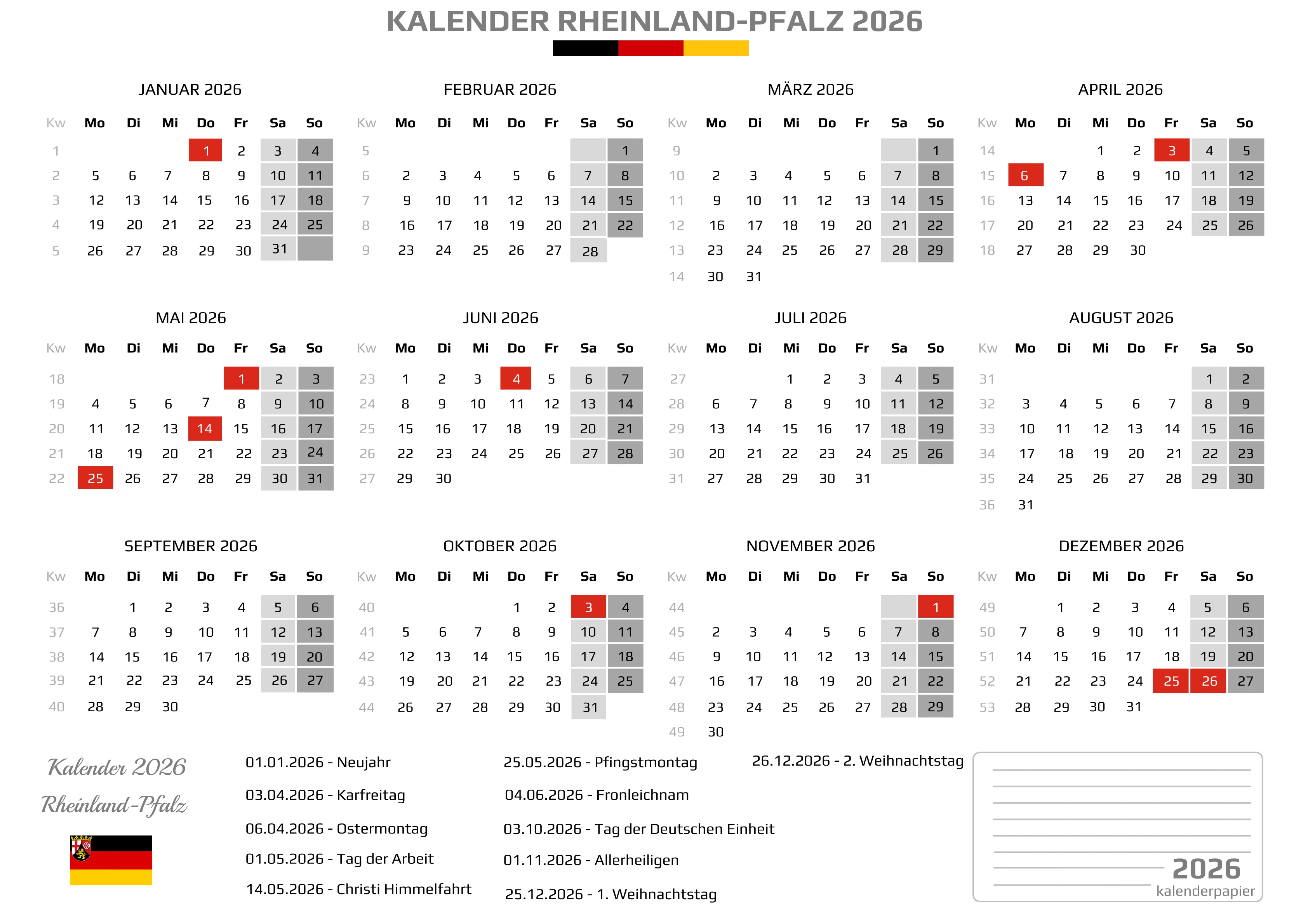 Der Kalender mit der Kompletten BW Feirtage