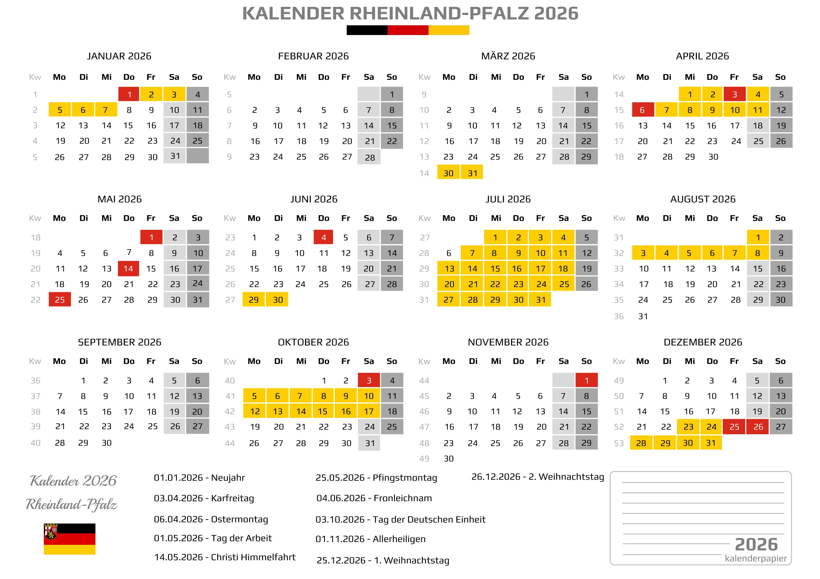 Der Kalender mit der Kompletten BW Feirtage
