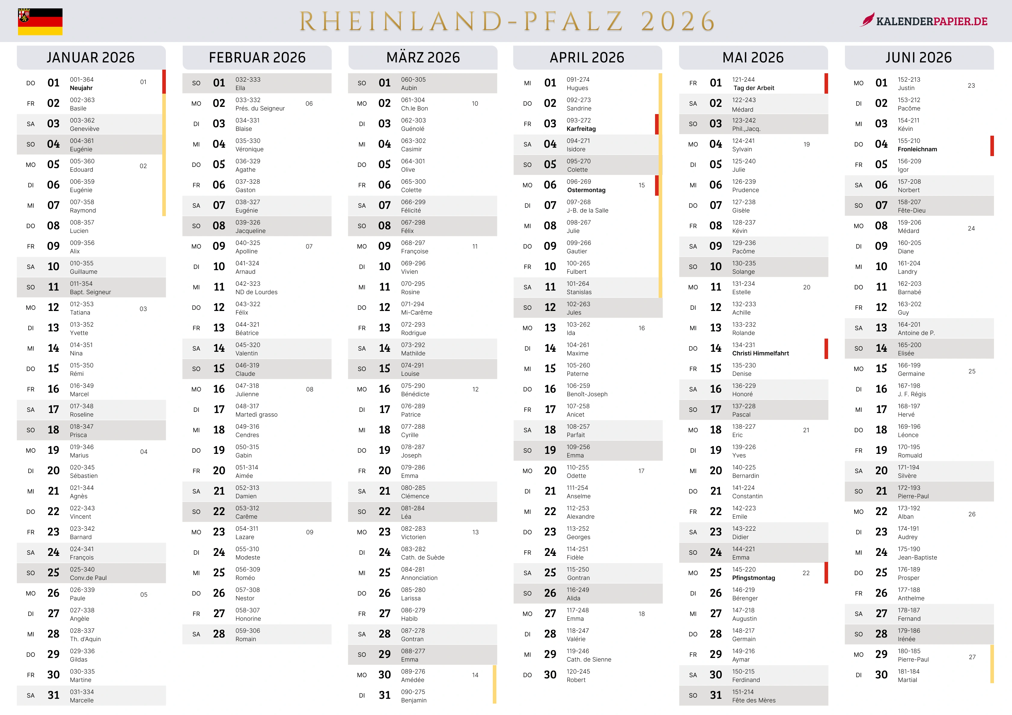 Der Kalender mit der Kompletten BW Feirtage