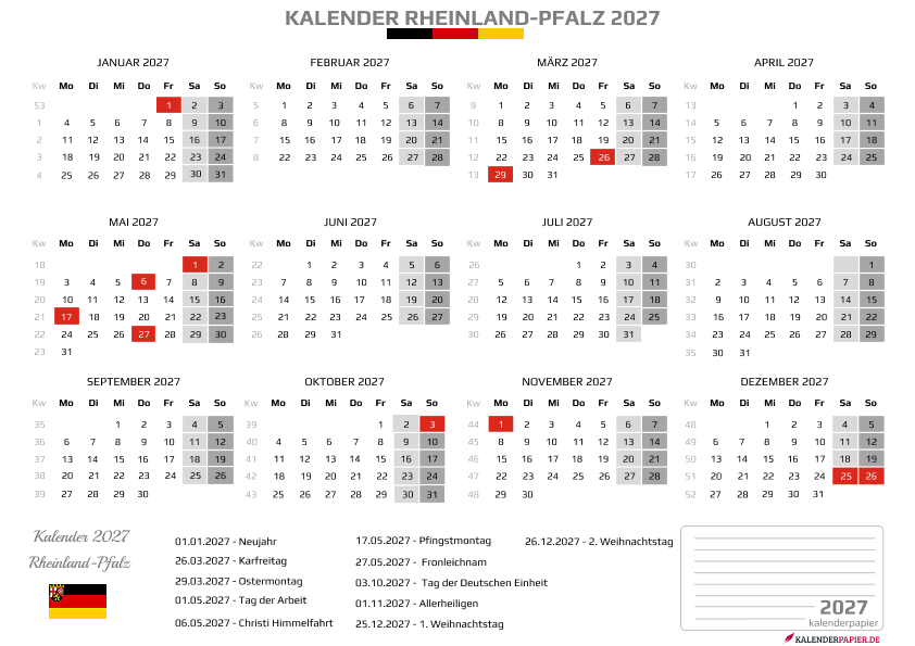 Kalender 2027 Rheinland-Pfalz mit Feiertagen