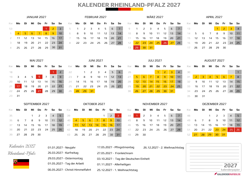 Kalender 2027 Rheinland-Pfalz mit Ferien