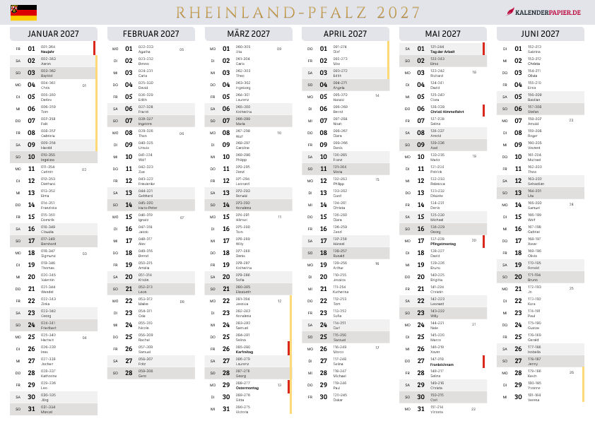 Der Kalender mit der Kompletten BW Feirtage