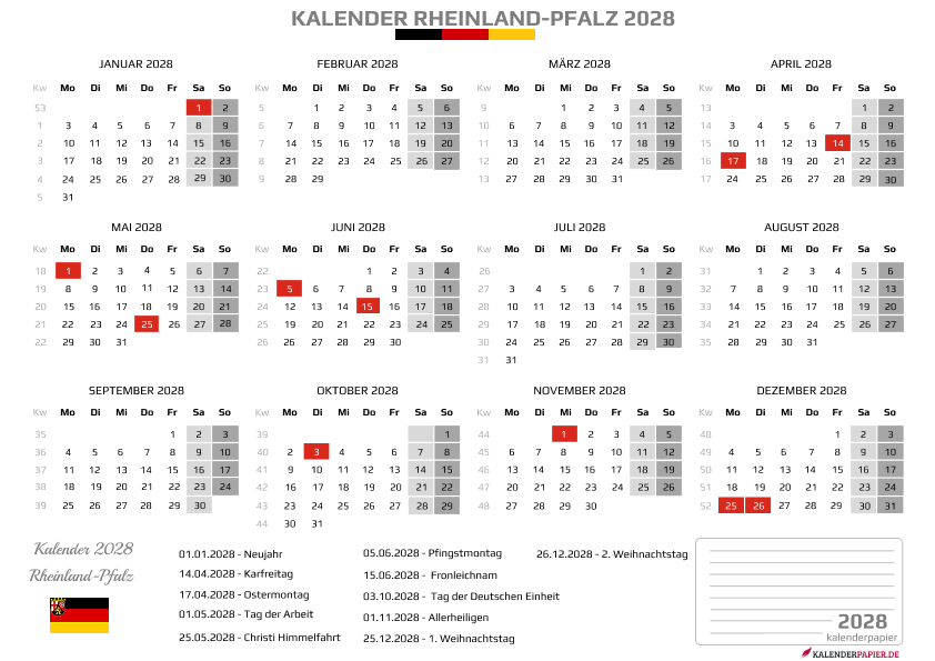 Kalender 2028 Rheinland-Pfalz mit Feiertagen