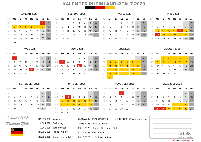 Kalender 2028 Rheinland-Pfalz mit Ferien