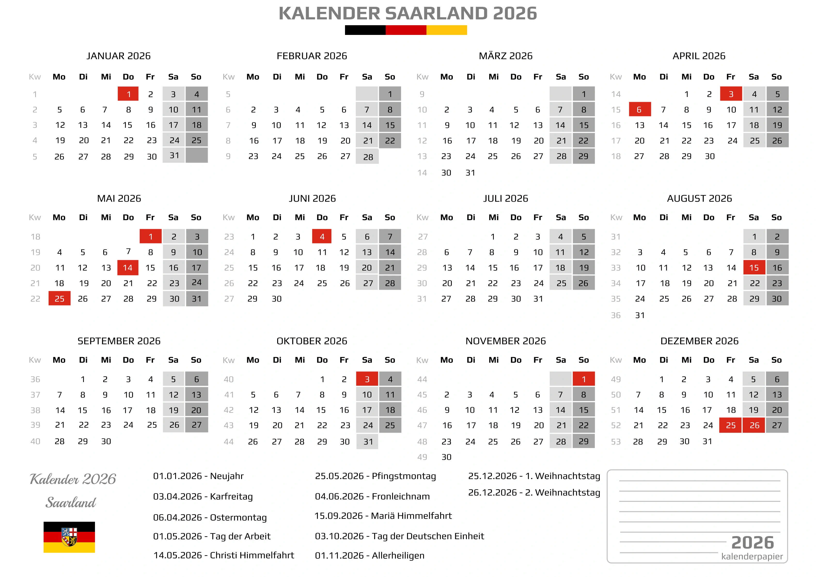 Der Kalender mit der Kompletten BW Feirtage