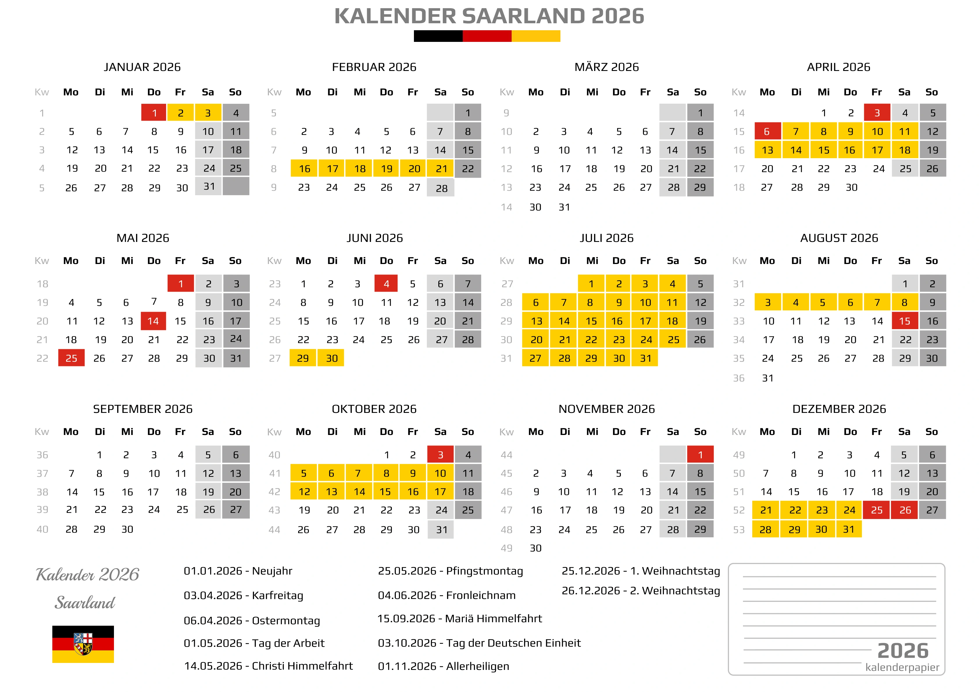 Der Kalender mit der Kompletten BW Feirtage