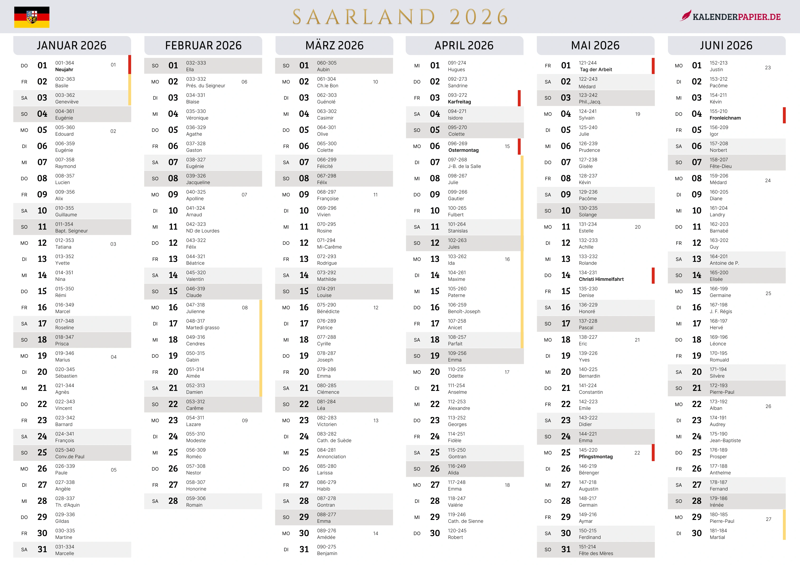 Der Kalender mit der Kompletten BW Feirtage