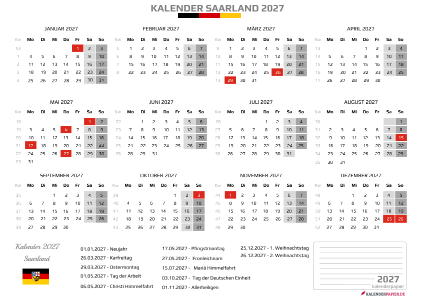 Kalender 2027 Saarland mit Feiertagen