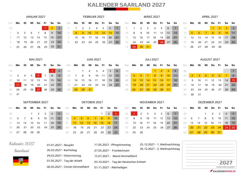 Kalender 2027 Saarland mit Ferien
