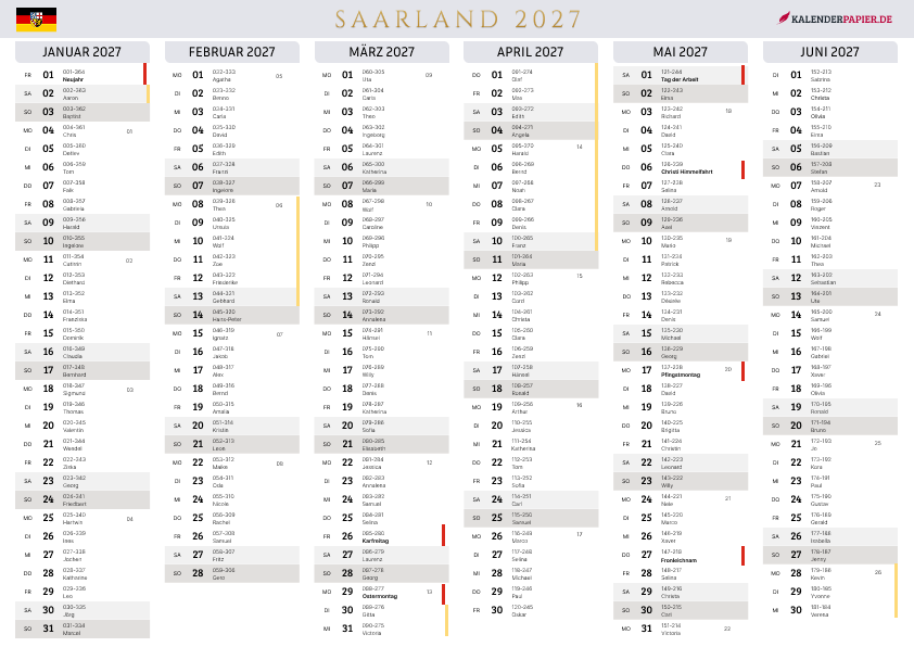 Der Kalender mit der Kompletten BW Feirtage