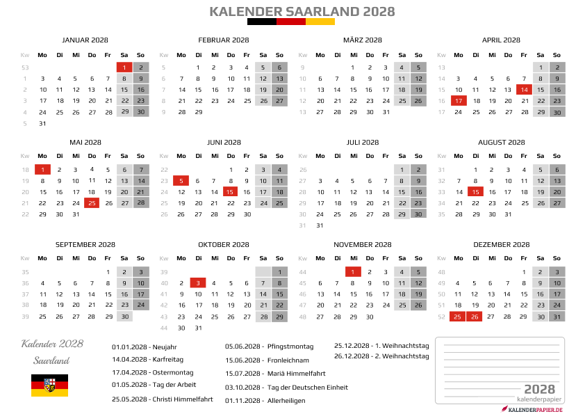 Kalender 2028 Saarland mit Feiertagen