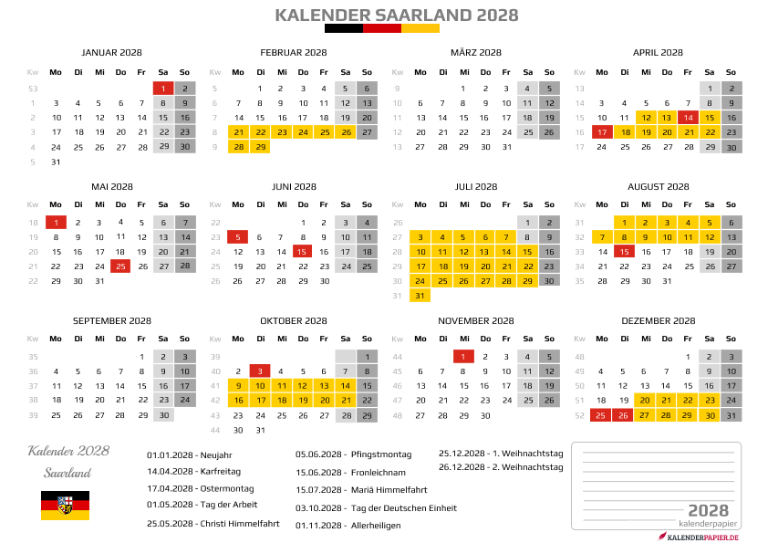 Kalender 2028 Saarland mit Ferien