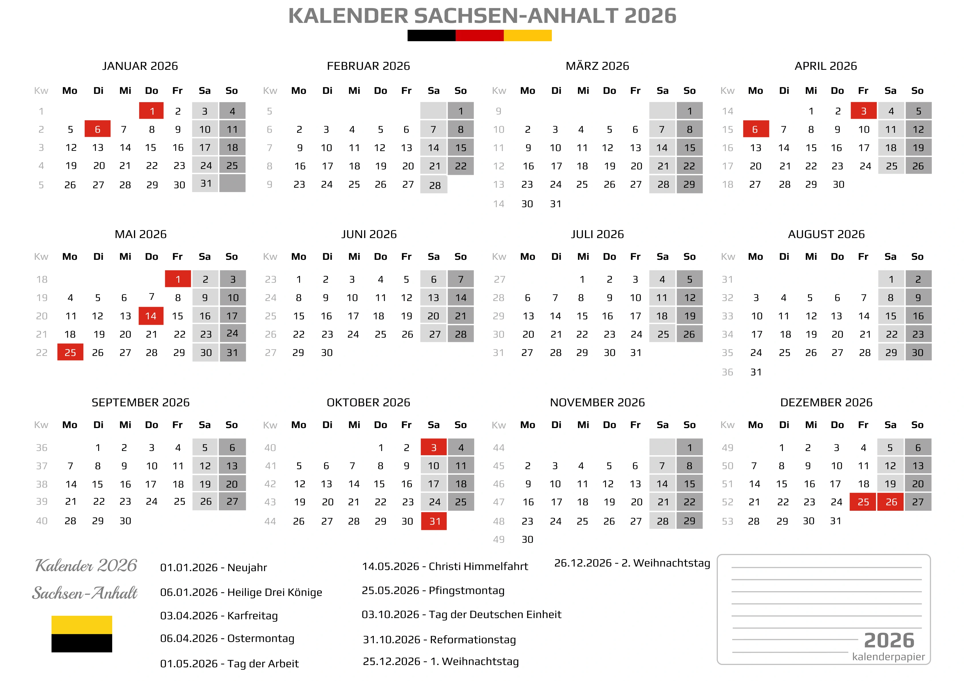 Der Kalender mit der Kompletten BW Feirtage
