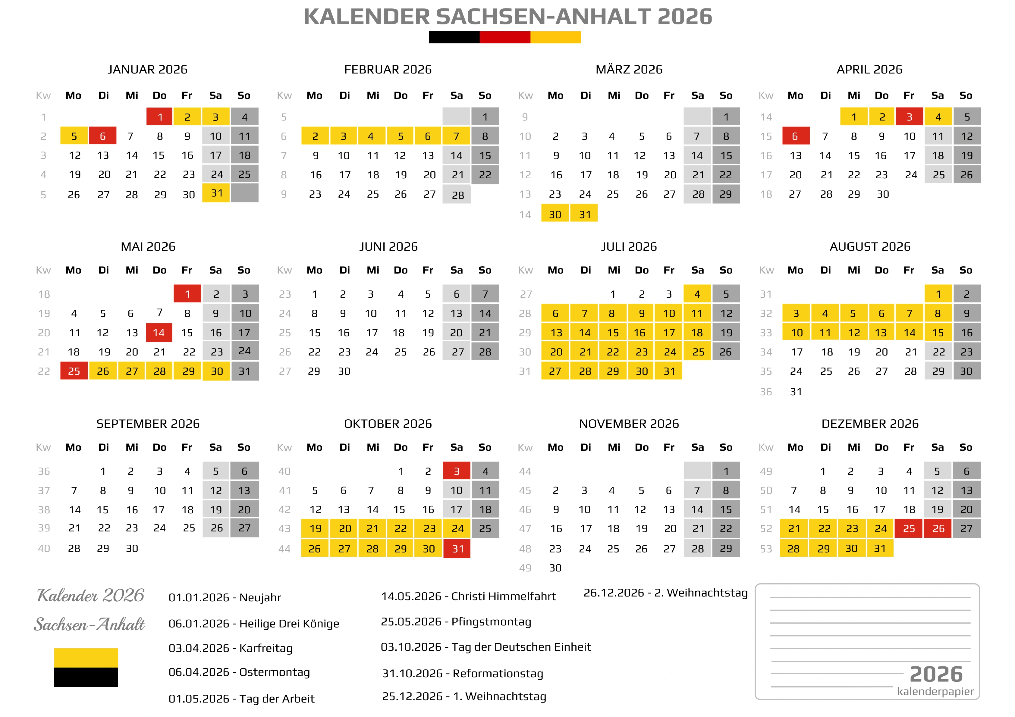 Der Kalender mit der Kompletten BW Feirtage