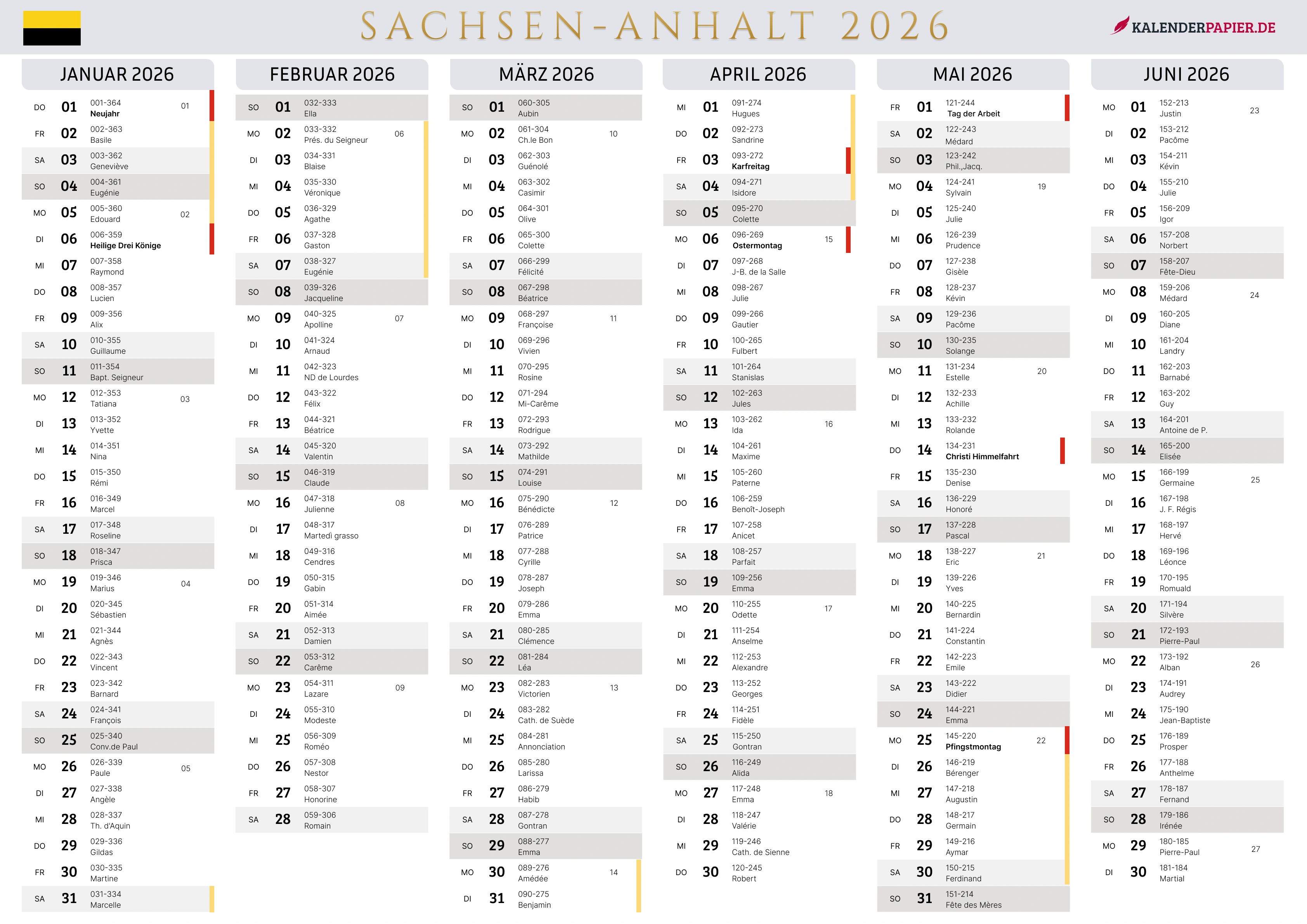 Der Kalender mit der Kompletten BW Feirtage