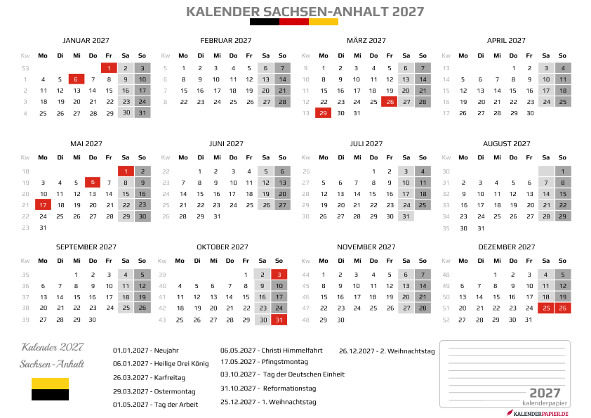 Kalender 2027 Sachsen-Anhalt mit Feiertagen
