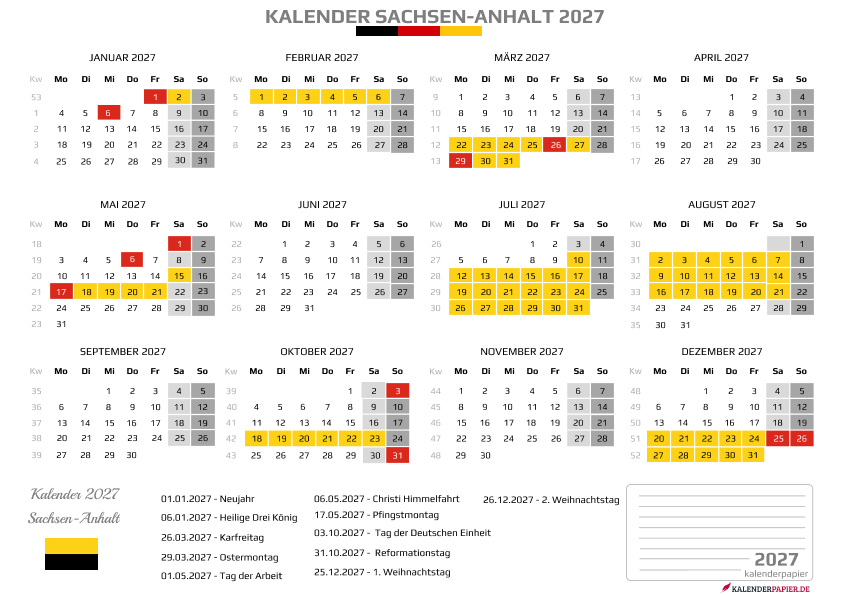 Kalender 2027 Sachsen-Anhalt mit Ferien