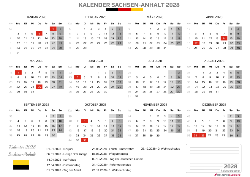 Kalender 2028 Sachsen-Anhalt mit Feiertagen
