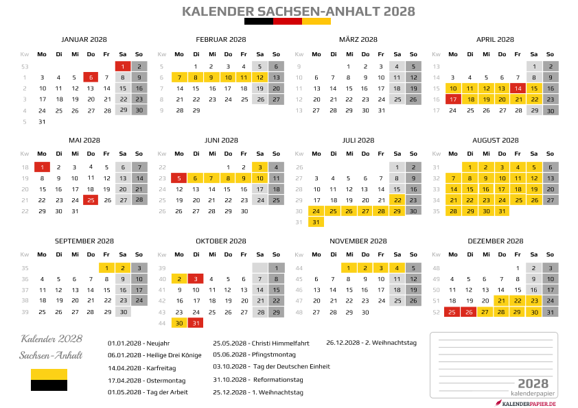 Kalender 2028 Sachsen-Anhalt mit Ferien