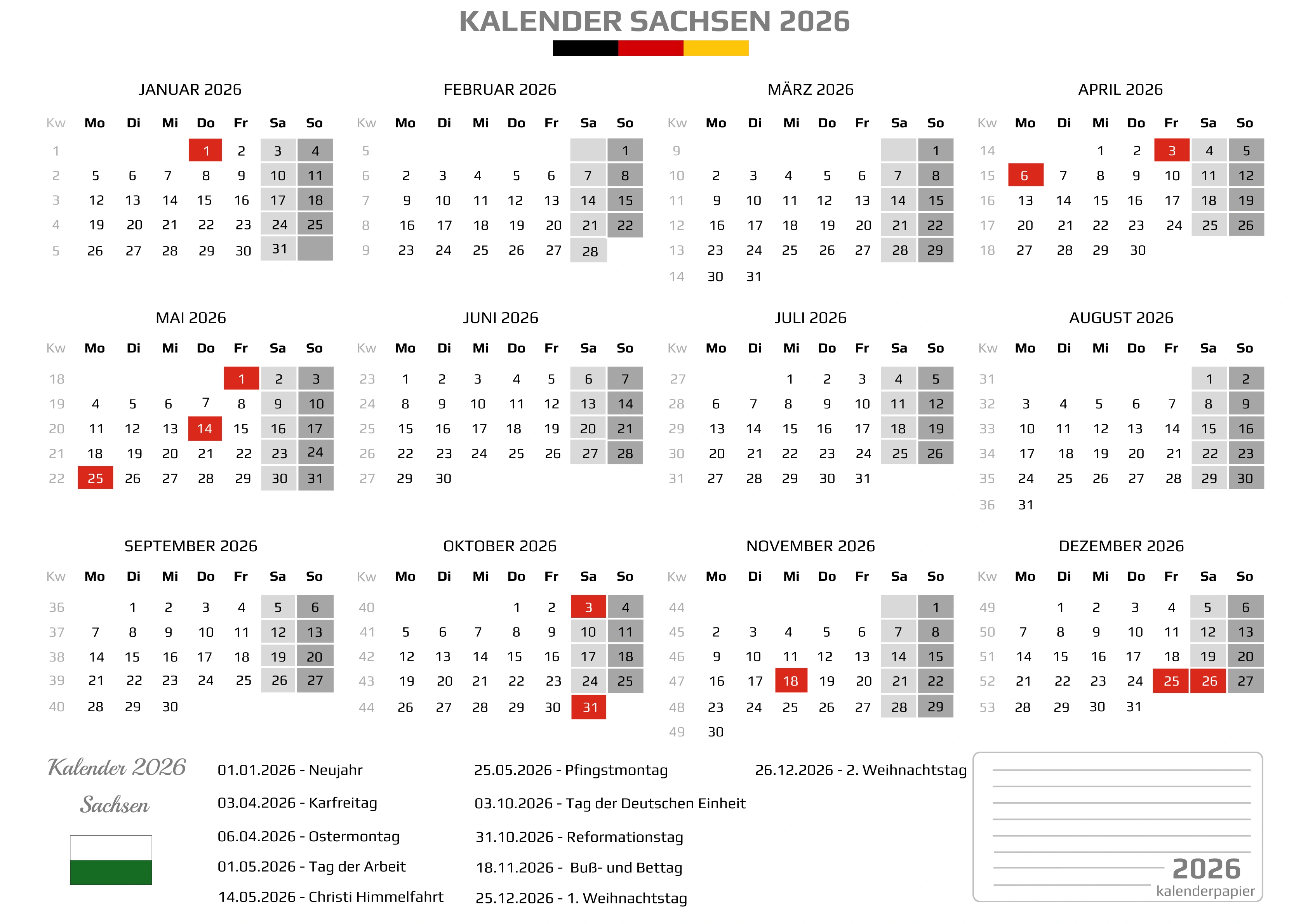 Der Kalender mit der Kompletten BW Feirtage