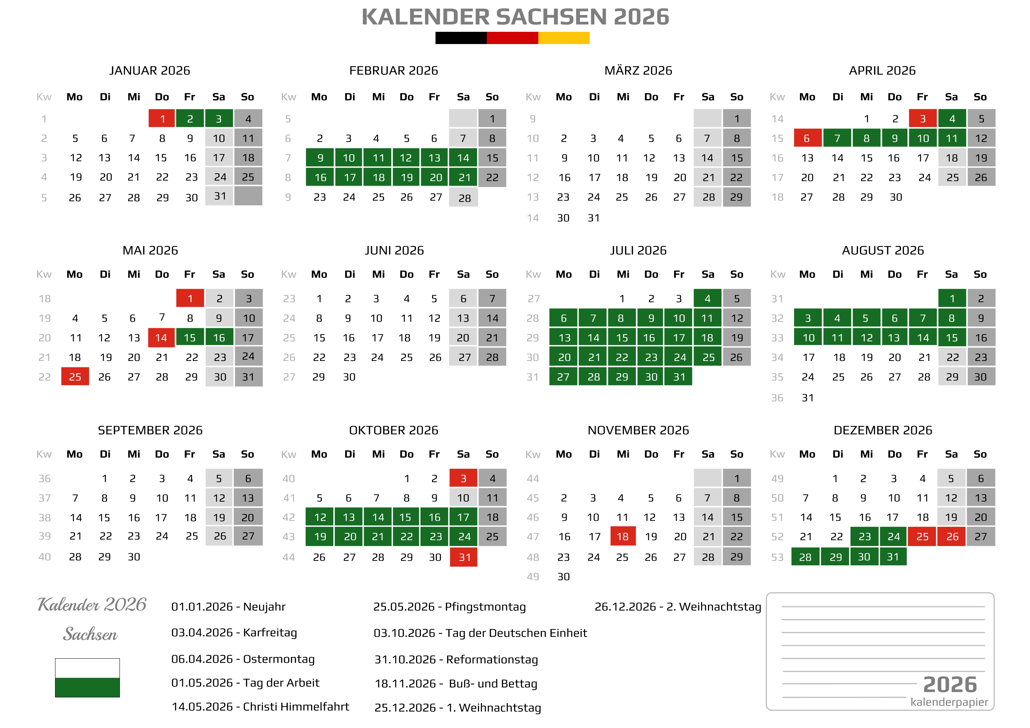 Der Kalender mit der Kompletten BW Feirtage