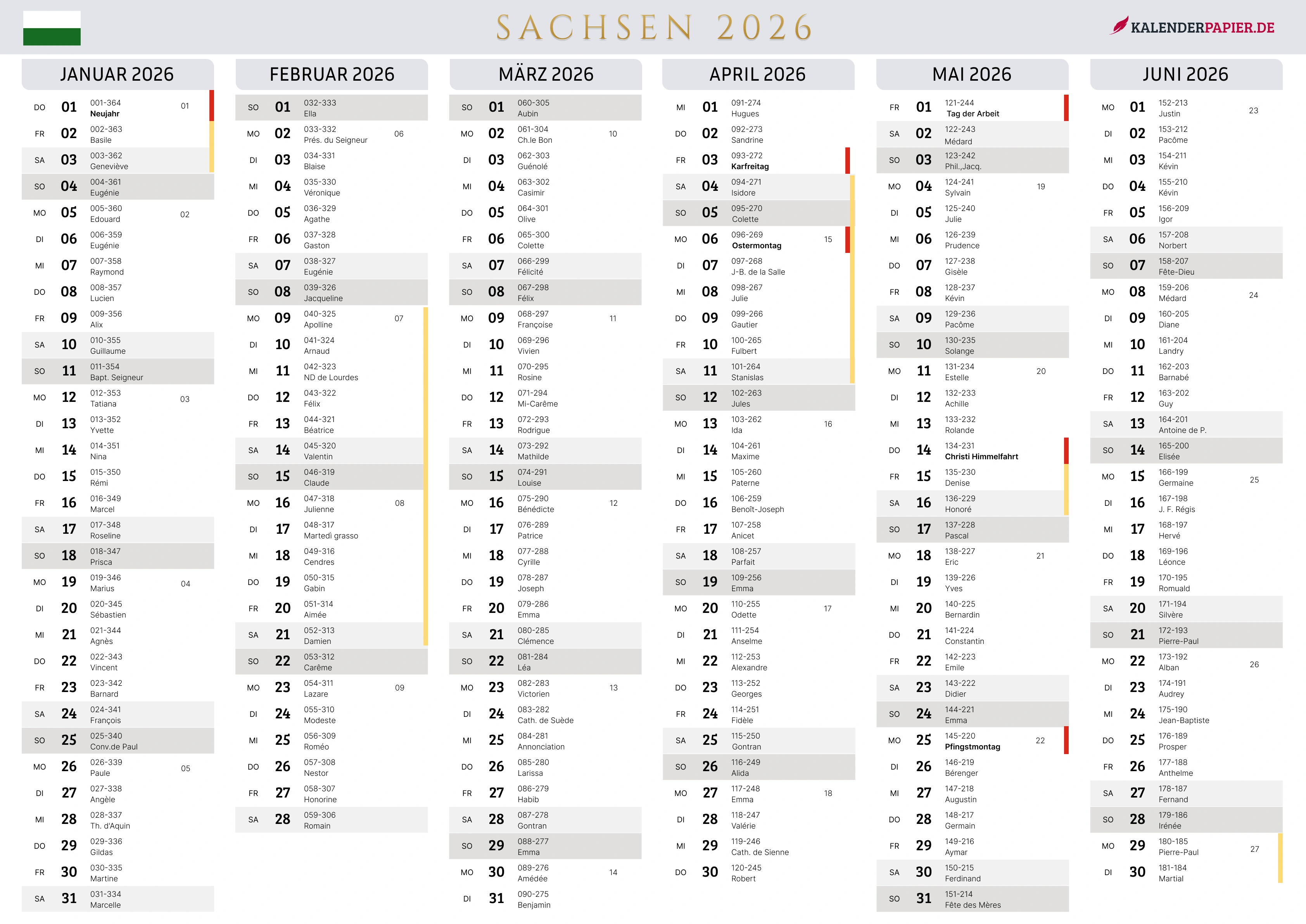 Der Kalender mit der Kompletten BW Feirtage