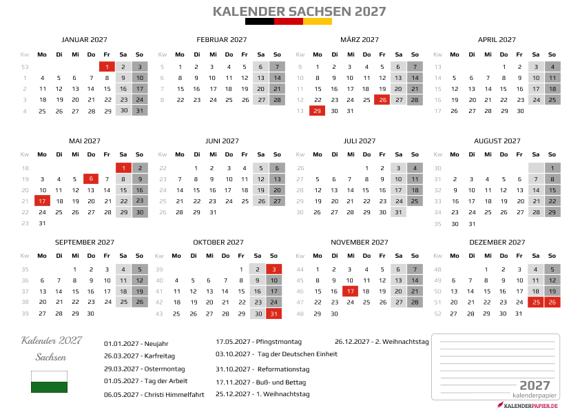 Kalender 2027 Sachsen mit Feiertagen