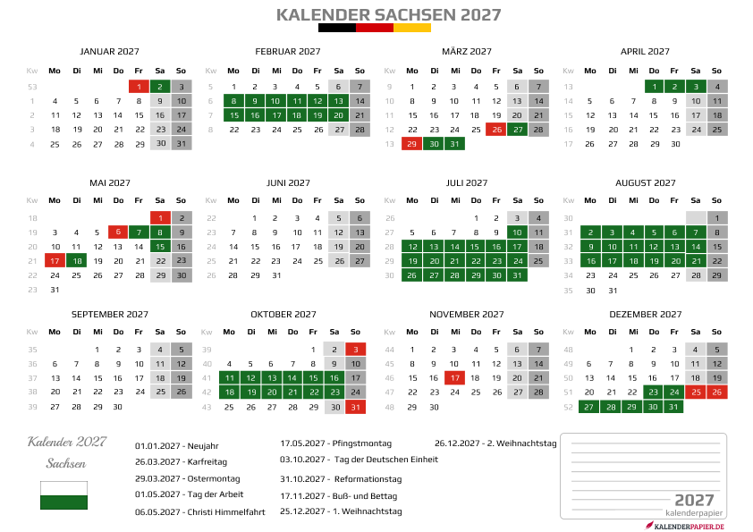 Kalender 2027 Sachsen mit Ferien