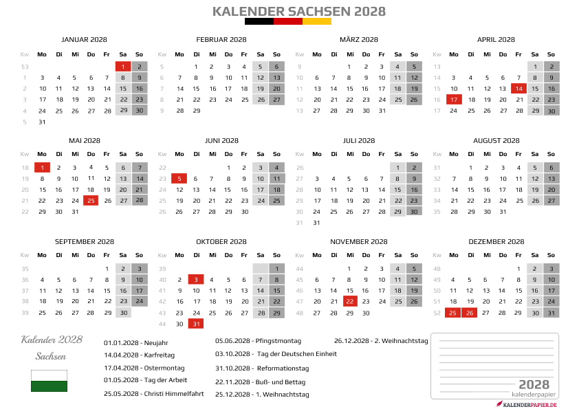 Kalender 2028 Sachsen mit Feiertagen