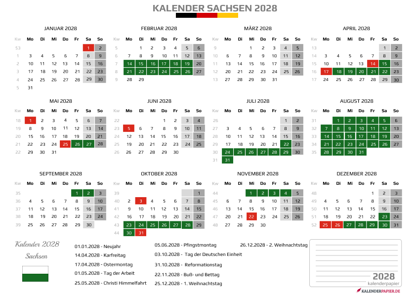Kalender 2028 Sachsen mit Ferien