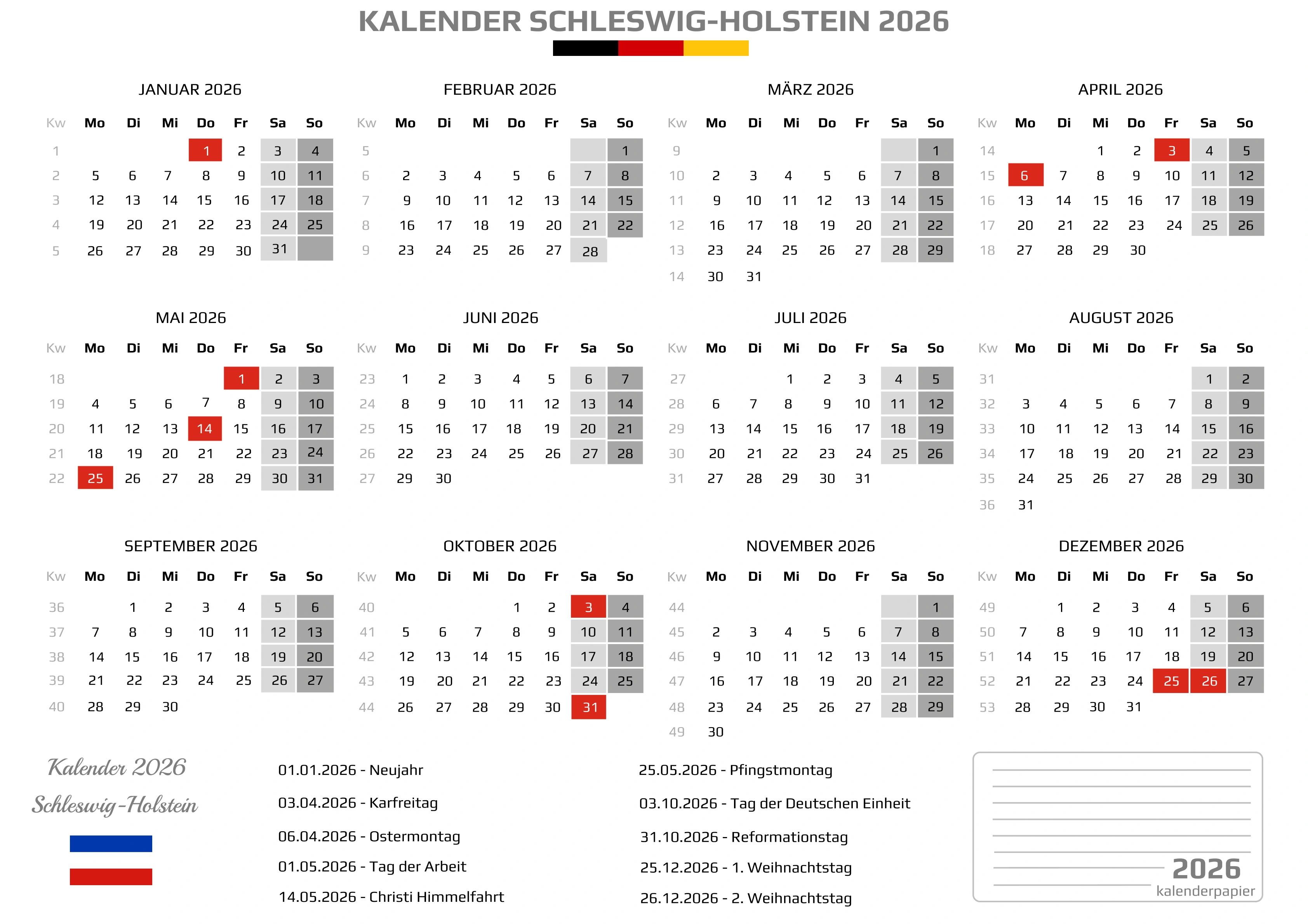 Der Kalender mit der Kompletten BW Feirtage