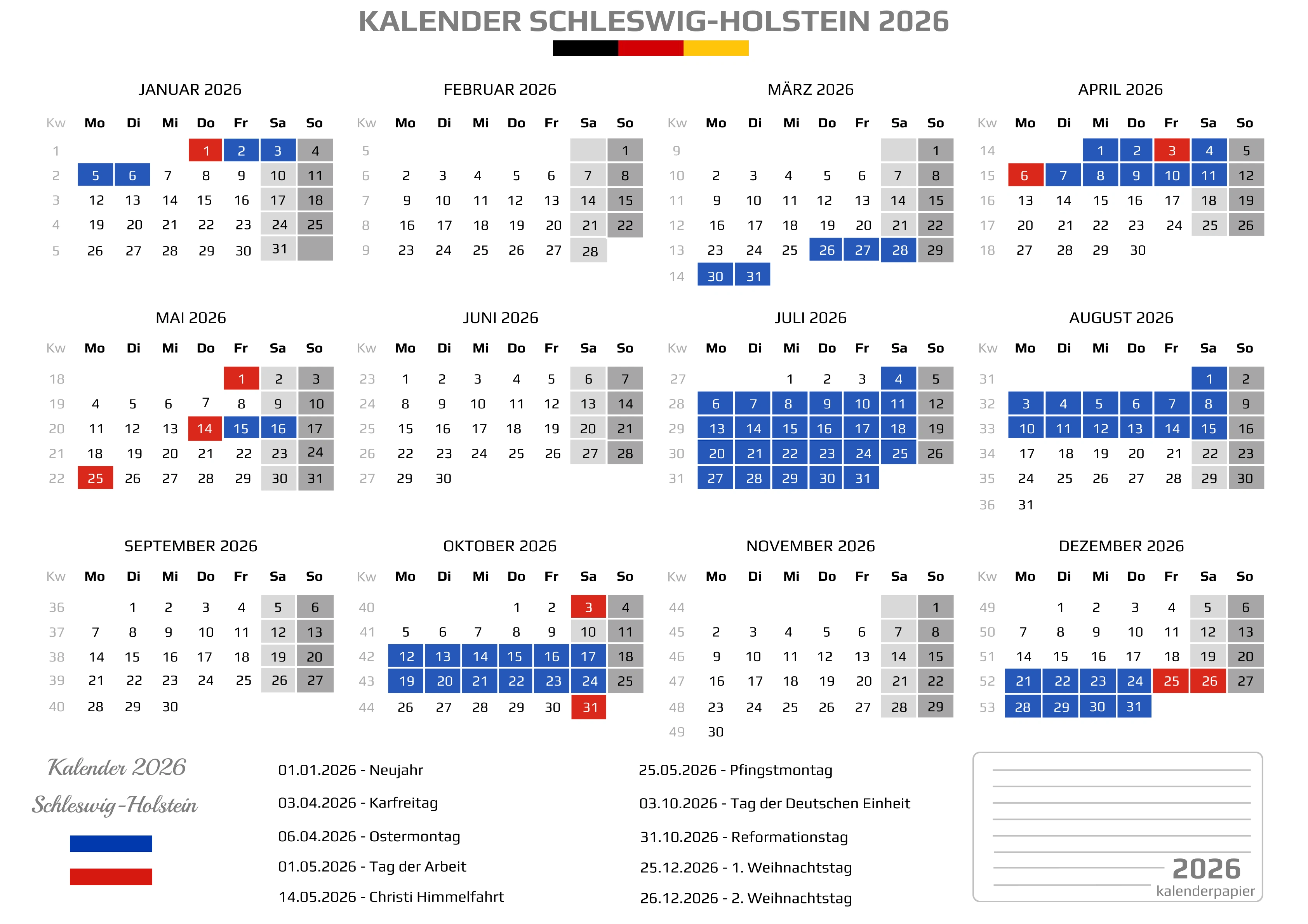 Der Kalender mit der Kompletten BW Feirtage
