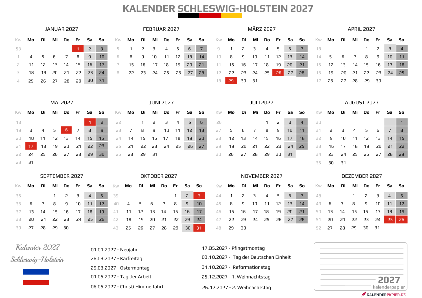 Kalender 2027 Schleswig-Holstein mit Feiertagen