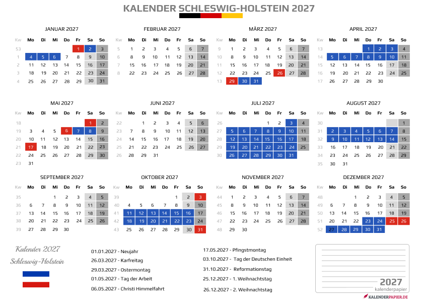 Kalender 2027 Schleswig-Holstein mit Ferien