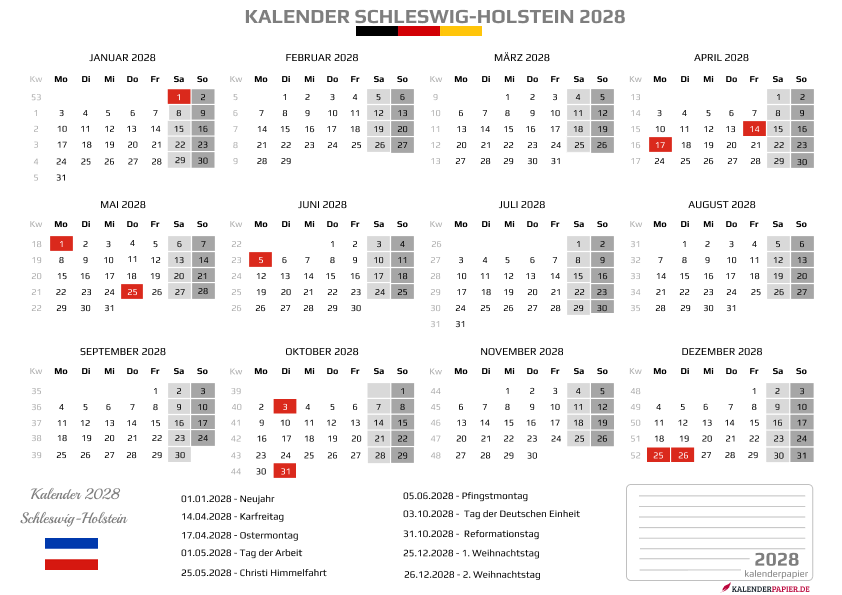 Kalender 2028 Schleswig-Holstein mit Feiertagen