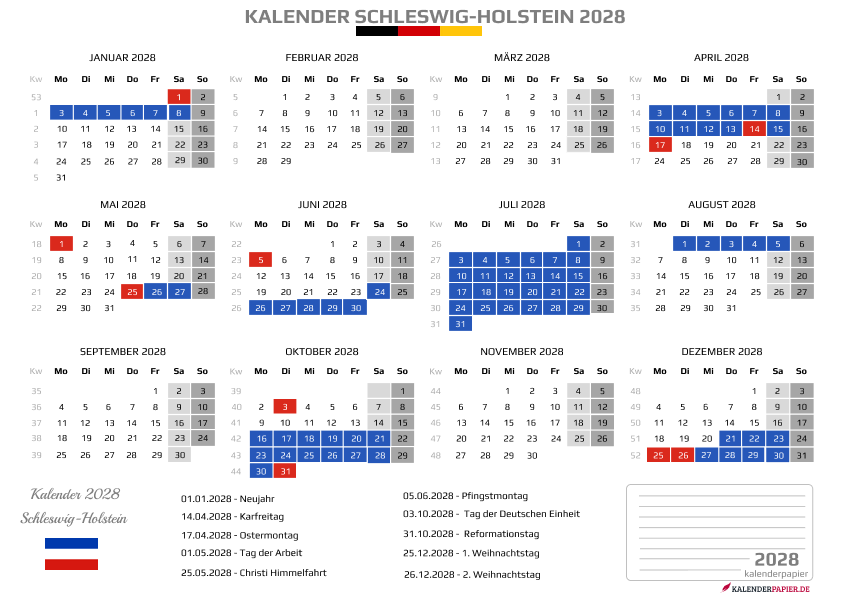 Kalender 2028 Schleswig-Holstein mit Ferien