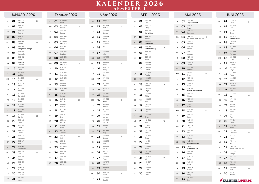 Kalender 2026 Semester 2 - Modern