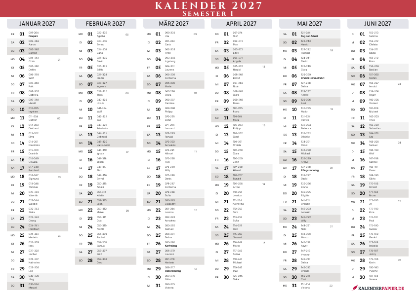 Kalender 2027 Semester 2 - Modern