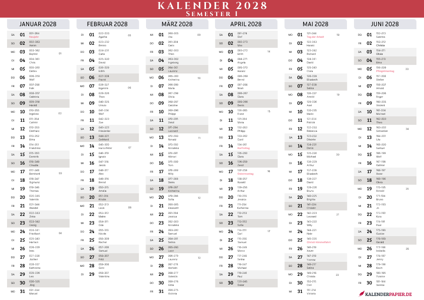 Kalender 2028 Semester 2 - Modern
