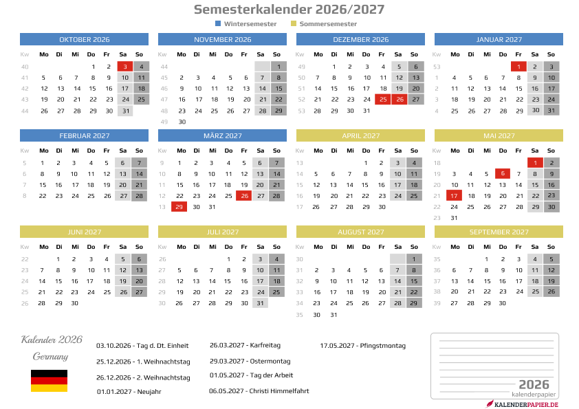 Semesterkalender 2026/2027 - Minimalistisch
