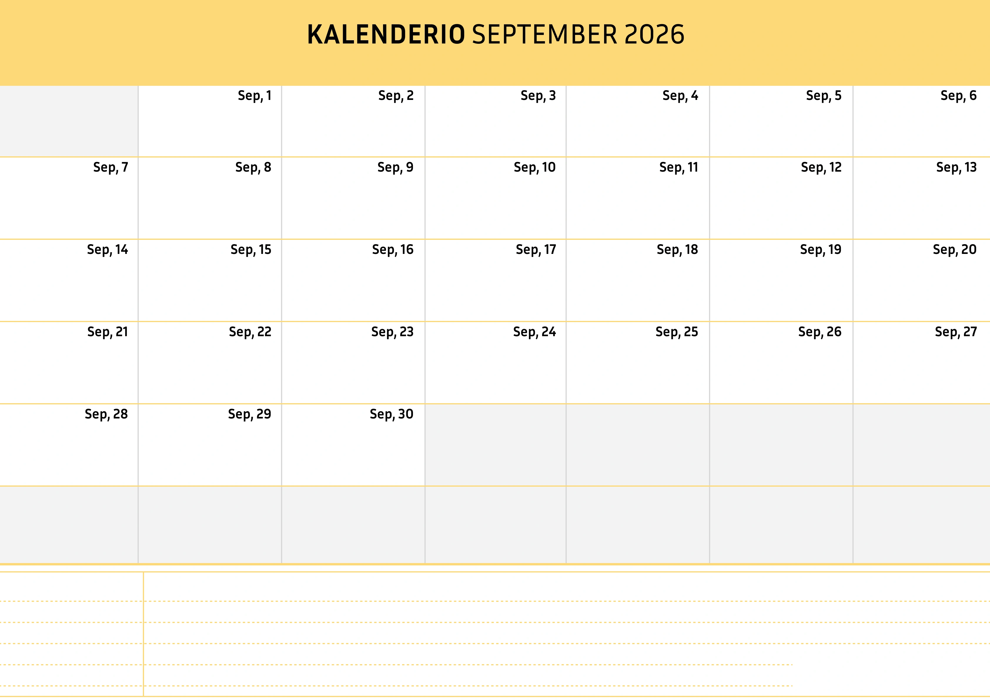 September Kalender 2026 Cremfarben
