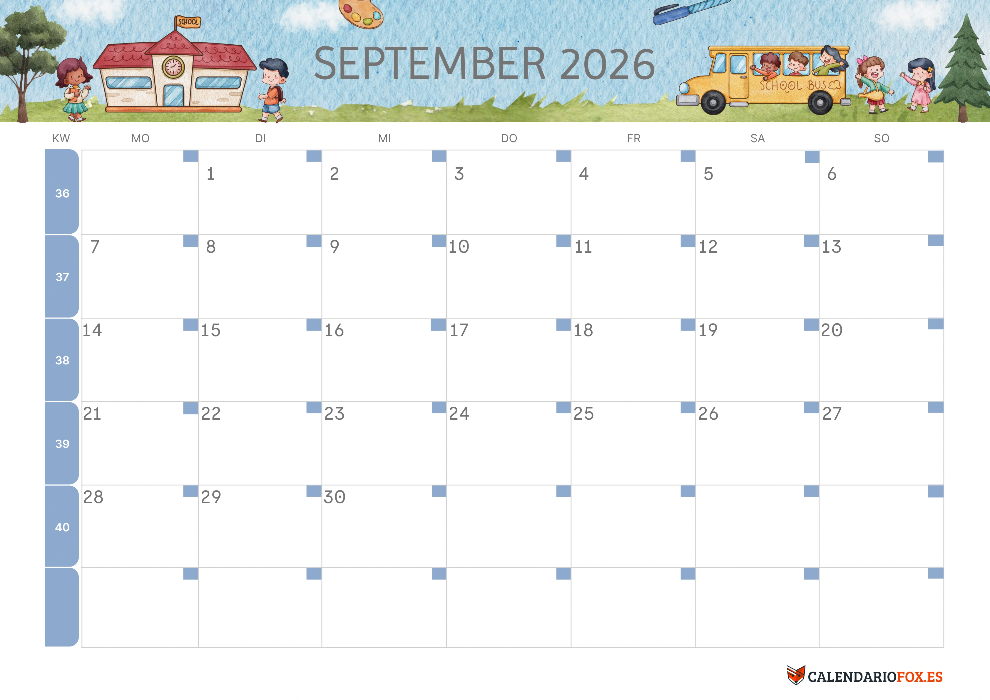 Semesterkalender 2026 Erstes Halbjahr Farbenfroh